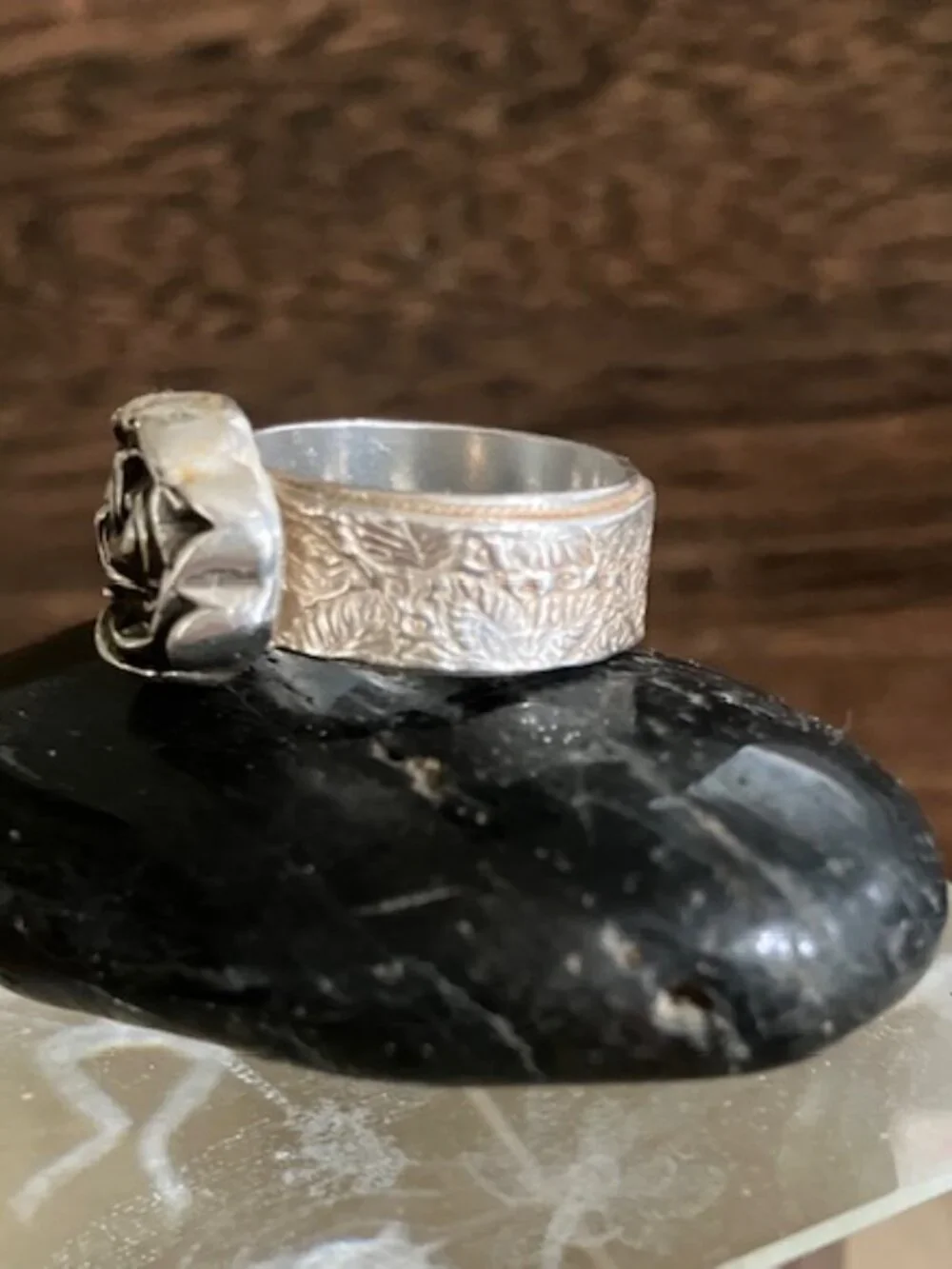 Artisan Rose and leafy band Ring in mixed metals